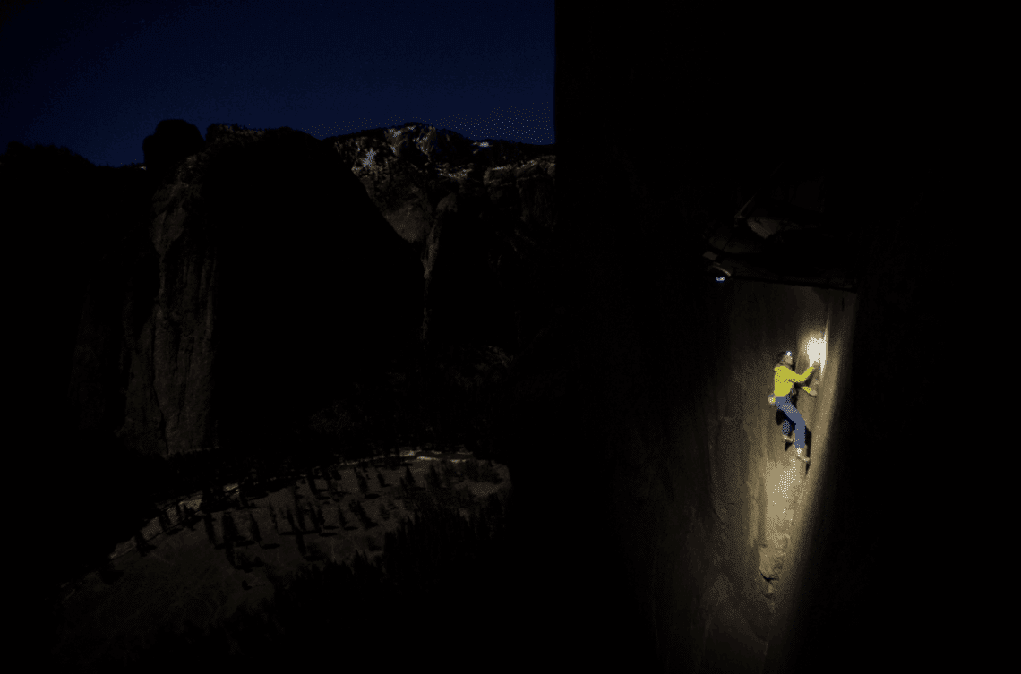 Tommy down climbing pitch 16 in the dark three nights ago to circumnavigate the Dyno. Almost 200 feet of climbing to skip one move! Photo: Corey Rich