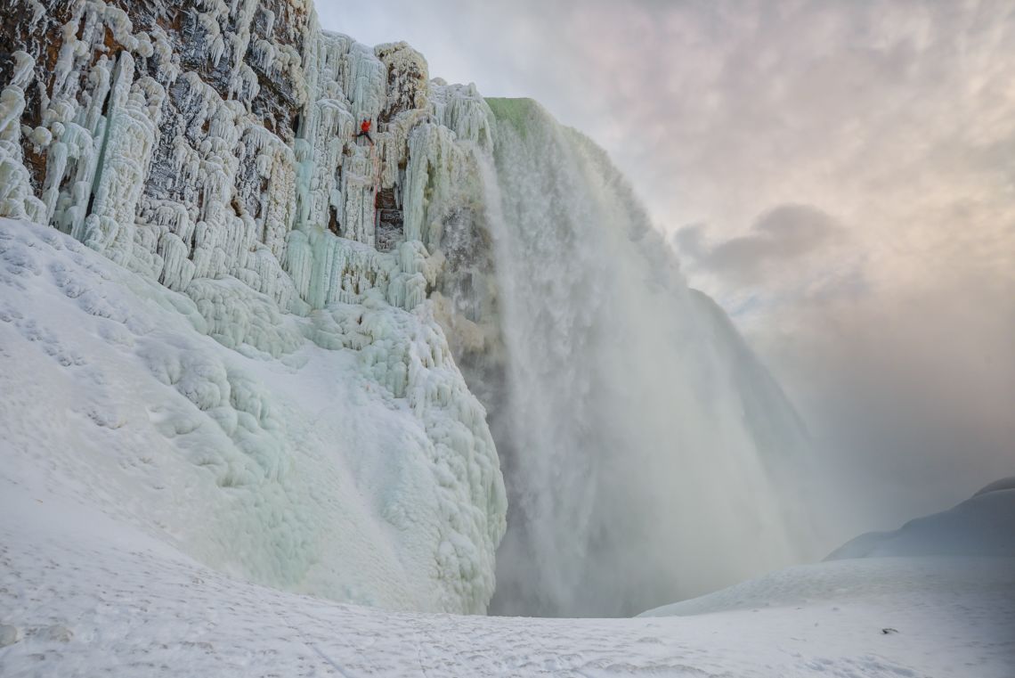 Will Gadd climbing the frozen Niagra Falls first ascent