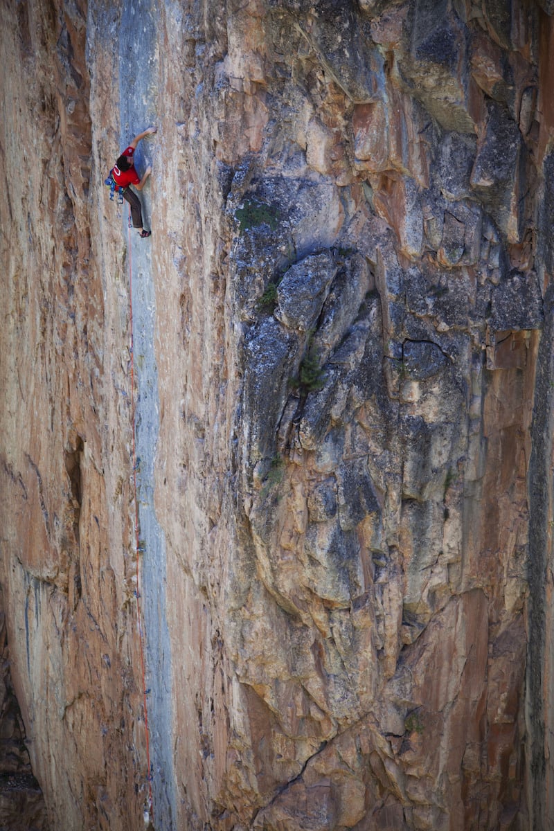 Carlo Traversi climbs Eighth Day, 5.13a limestone route in Rifle, CO. Photo: Elly Stewart
