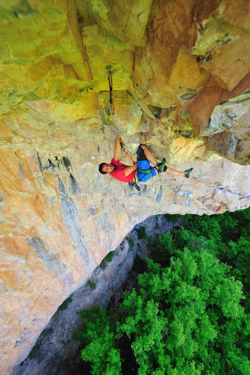 Andrew Bisharat (me) on Twisted Sister (5.13a), a route I established and is NOT mandatory for paying your dues in Rifle. Only climb this if you're bored. Photo: Keith Ladzinski.