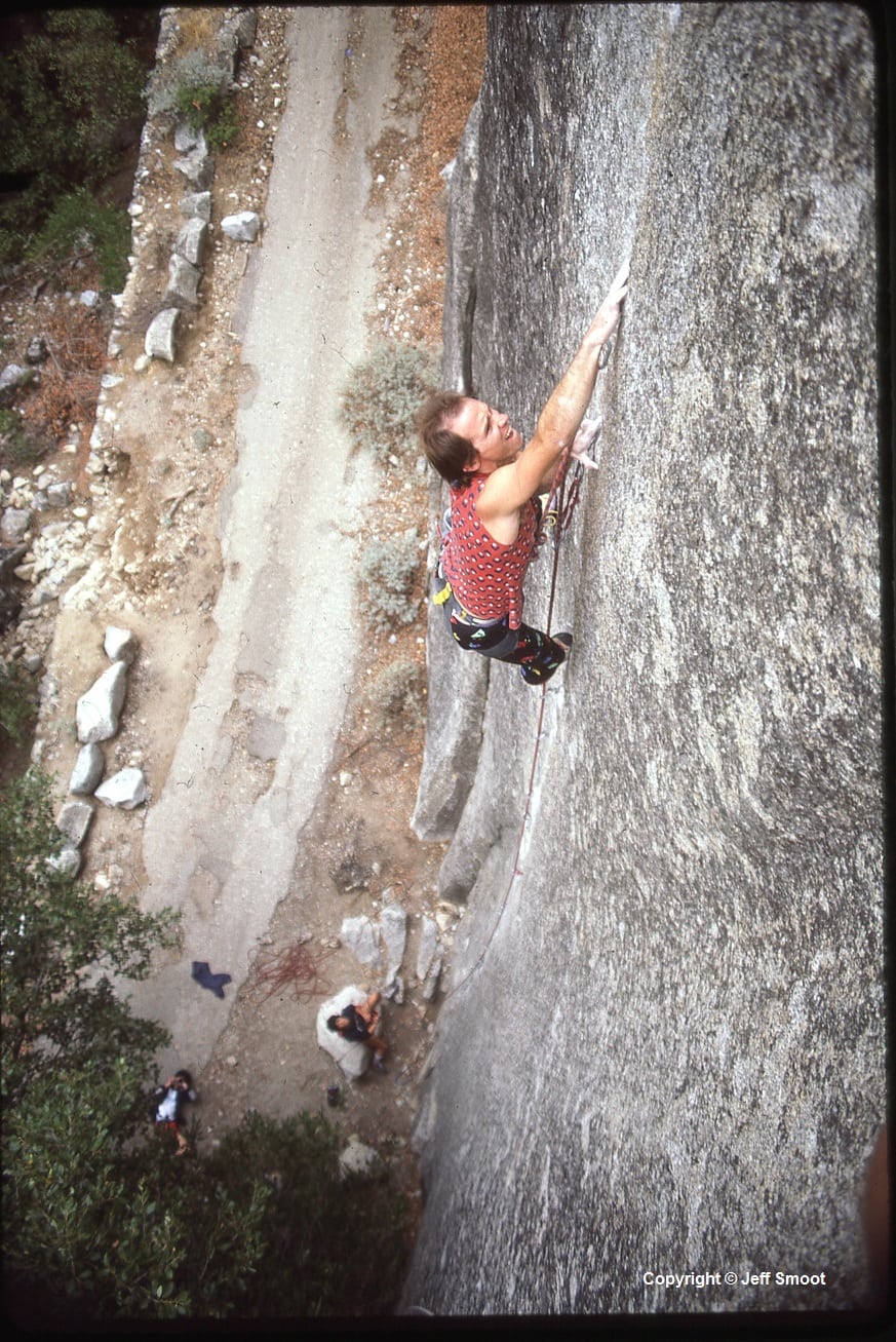 Alan Watts on the The Stigma (5.13b), Yosemite Valley 1985; Copyright Jeff Smoot